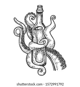 Octopus tentacles with message in bottle sketch engraving vector illustration. Scratch board style imitation. Black and white hand drawn image.