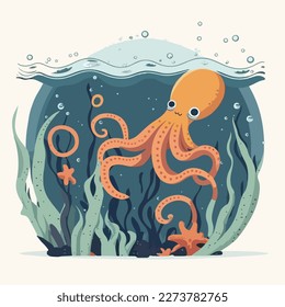 Octopus with tentacles in ocean. Underwater fish and sea creatures in natural habitat. Flat vector illustration concept