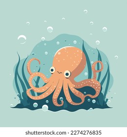 Octopus con tentáculos en el océano. Peces submarinos y criaturas marinas en el hábitat natural. Concepto de ilustración vectorial plana