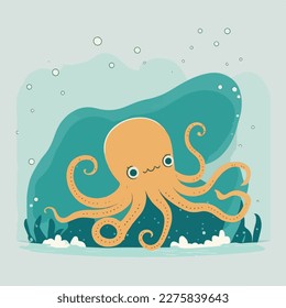 Octopus with tentacles in ocean. Underwater fish and sea creatures in natural habitat. Flat vector illustration concept