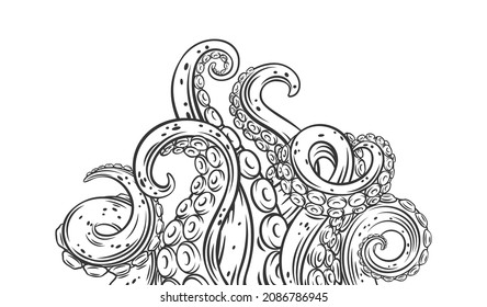 Octopus tentacles outline banner. Drawn monochrome limbs of the sea monster kraken. Vector illustration of sea octopus twisted tentacles with sucker