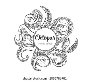 Octopus tentacles outline frame banner with empty space. Drawn monochrome limbs of the sea monster kraken. Vector illustration of sea octopus twisted tentacles with sucker