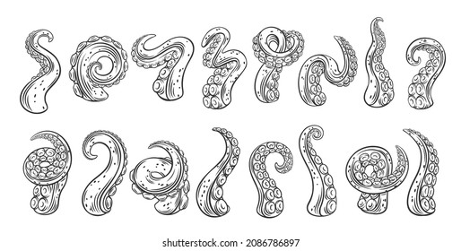 Iconos del contorno de tentáculos Octopus. miembros monocromos del mar monstruo kraken. Conjunto de tentáculos torcidos de pulpo marino con ilustración vectorial suckers.