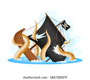 Octopus Tentacles Pulling Pirate Ship Or Vessel To The Ocean Bottom Vector Illustration