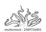 Octopus tentacles reaching upwards, squid-like marine animal body parts protruding from out of frame, cut for food or frame design, cartoon sketch vector illustration. 
