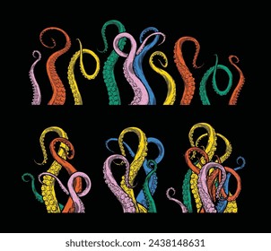 Octopus tentacles reaching upwards, squid-like marine animal body parts protruding from out of frame, cut for food or frame design, cartoon sketch vector illustration. 