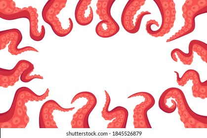 Octopus Tentacles Rectangular Border Isolated on White Background. Monster Kraken Hands, Fantasy Creature Cephalopod Arms. Underwater Animal Antennas or Feelers. Cartoon Vector Illustration, Frame