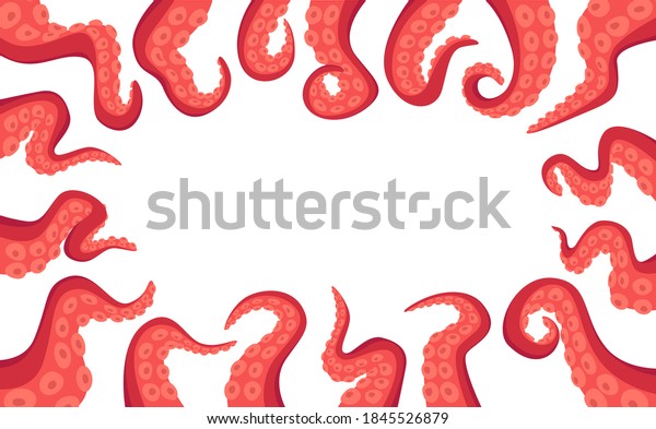 Octopus Tentacles Rectangular Border Isolated on\
White Background. Monster Kraken Hands, Fantasy Creature Cephalopod\
Arms. Underwater Animal Antennas or Feelers. Cartoon Vector\
Illustration, Frame