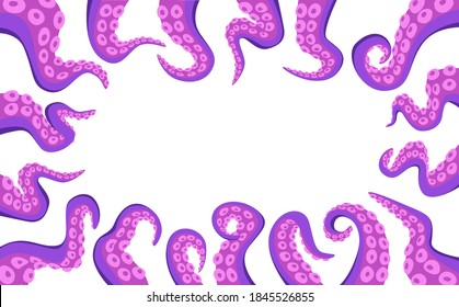 Octopus Tentacles Rectangular Border, Underwater Animal Antennas or Feelers Frame Isolated on White Background. Monster Kraken Hands, Fantasy Creature Cephalopod Arms. Cartoon Vector Illustration,