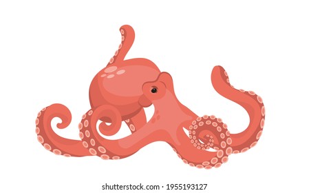 An octopus with tentacles, a resident of the ocean. A graphic element of summer or marine design. Vector illustration in cartoon style. Isolated object on a white background.