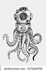 Octopus tentacles in retro diving suit. Illustration for print. Outline with transparent background. Hand drawn illustration converted to vector