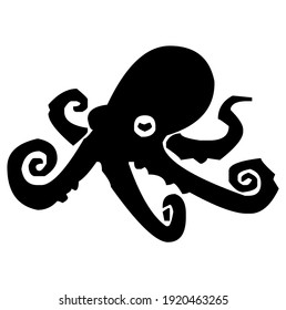 Octopus with tentacles, sea animal and predator, silhouette, vector, illustration, in black and white color, isolated on white   