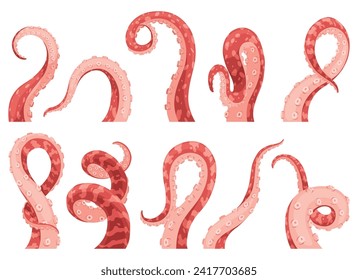 Octopus tentacles or sea squid icon set. Spooky marine monster arm on white background. Vector cartoon underwater animal