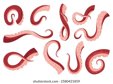 Octopus tentacles or sea squid icon set. Spooky marine monster arm on white background. Vector cartoon underwater animal