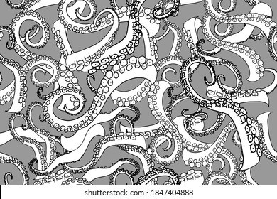 Octopus tentacles seamless pattern wallpaper. Seamless pattern of octopuses curly tentacles. Hand painted sea animal illustration for marine textile, fabric surface design. Not cropped