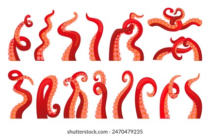 Octopus tentacles set. Cartoon body parts, ocean squid elements. Seafood, marine restaurant symbols. Underwater animals, neoteric vector set