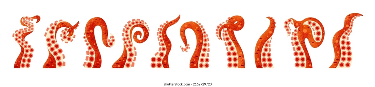 Octopus tentacles set isolated icons. Kraken monster or underwater ocean fish. Vector twisted long limbs with suckers of sea cuttlefish, cephalopods. Geometric flat cardboard design.