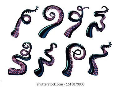 Octopus tentacles set. Vector design elements collection on isolated white background. Cartoon style color clip art.