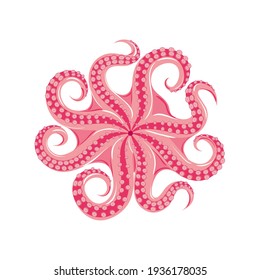 Сooked octopus with tentacles in a spread. Seafood, healthy food, underworld, marine animals. Vector illustration, cartoon, icon, symbol, sign, sticker, print