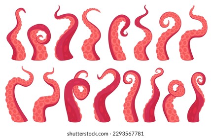 Octopus tentacles with suction cups in various twisted forms. Limbs of marine animals octopus squid. Vector illustration