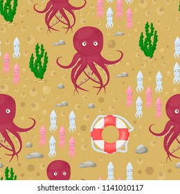 Octopus tentacles vector sea animal seamless pattern background squid marine water seafood ocean fish vector illustration. Aquatic underwater cuttlefish monster character.
