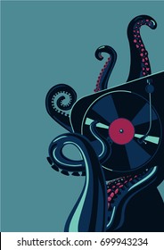 Octopus tentacles with vinyl record turntable. Party poster template.