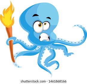 Octopus with torch, illustration, vector on white background.