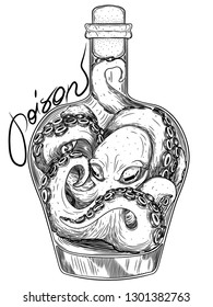 octopus trapped in a bottle symbolizing poison in ink graphic style