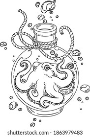 Octopus trapped in glass bottle. Vector outline for coloring page