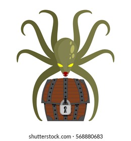 Octopus and treasures. poulpe and chest of pirate riches gold. sea animals
