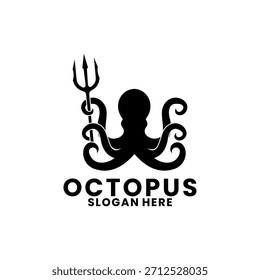 Pulpo con Plantilla de Vector de diseño de logotipo tridente. Icono de logotipo de pulpo creativo