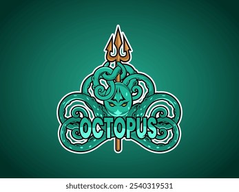 Polvo com vetor de design de logotipo de mascote Trident, design de logotipo de mascote de esportes Octopus, impressão de emblema e camiseta, Ilustração de vetor de polvo irritado verde