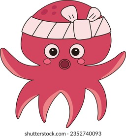 Octopus Tropical Underwater Cartoon Takoyaki Japanese Food Character Illustration Graphic Element