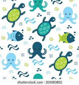 octopus turtle fish pattern vector illustration