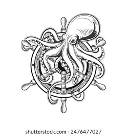 octopus twiested with ship handle wheel vector design.