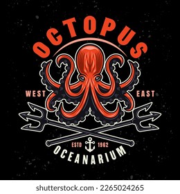 Octopus and two crossed neptune tridents vector emblem, logo, badge, label illustration in colorful style on dark background