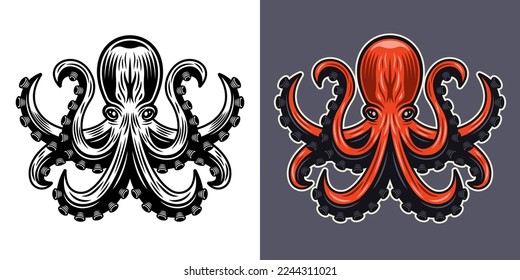 Octopus in two styles monochrome on white and colorful on grey background vector illustration