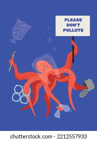 An octopus with an umbrella in his hand is closed from plastic bottles and bags. Let's save animals from garbage. Ocean plastic pollution. Ecology, protection, salvation. Waste recycling. 