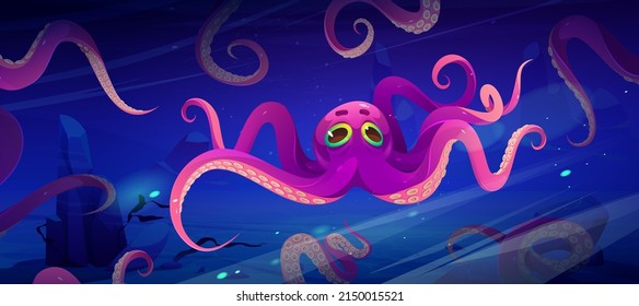 Octopus under water in sea or ocean. Vector cartoon illustration of oceanarium aquarium with giant cephalopods, sea animals with tentacles and suckers behind glass