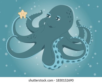 Octopus under water with a star