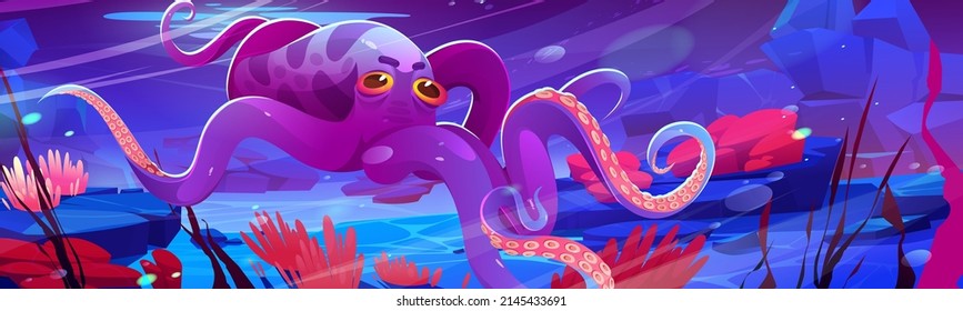 Octopus, underwater animal with pink skin at sea bottom with corals and seaweeds. Kraken legendary monster with long tentacles, ocean wildlife creature, water character, Cartoon vector illustration