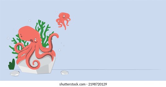 Octopus, underwater animal with red skin at sea bottom with corals and seaweeds. Kraken legendary monster with long tentacles, ocean wildlife creature, water character, Cartoon vector illustration