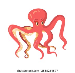 Octopus underwater animal with sucker limbs, kraken with tentacles, flat cartoon funny creature. Vector illustration aquatic cuttlefish,marine sea and ocean funny red squid