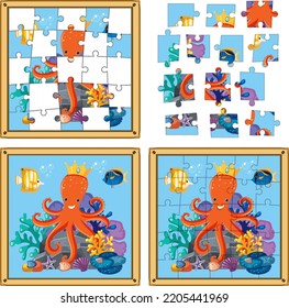 Octopus underwater photo puzzle game template illustration