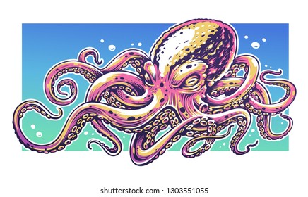 Octopus Vector Art with bright colors. Graffiti style vector illustration of octopus. 