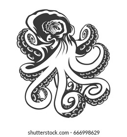 Octopus. Vector black engraving vintage illustration. Isolated on white background.