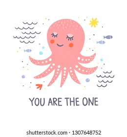 Octopus vector card with hand written lettering on white background. Funny underwater sea creature illustration
