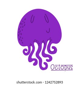 octopus vector. Octopus cartoon character. Cute octopus flat vector isolated on white background. Animal illustration for zoo ad, nature concept, children book illustrating and ABC book.