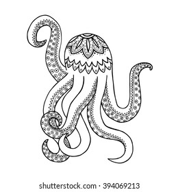 Octopus vector. Devilfish zentangle and zen doodle. Poulpe coloring book. Tattoo submersed. Zenart subaqueous. Subsurface abstract draw. Undersea world.