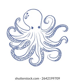 Octopus vector. Doodle of sea octopus with tentacles with pencil, chalk texture. Vector isolated element